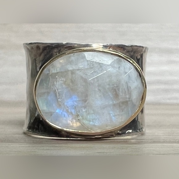 Designer Sundance Sterling Silver & Gold Hammered Wide Band Moonstone Ring - Picture 6 of 11